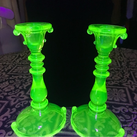 Antique Other - 1920s Vaseline Uranium Glass Tall Pair of Candlesticks 💚💚